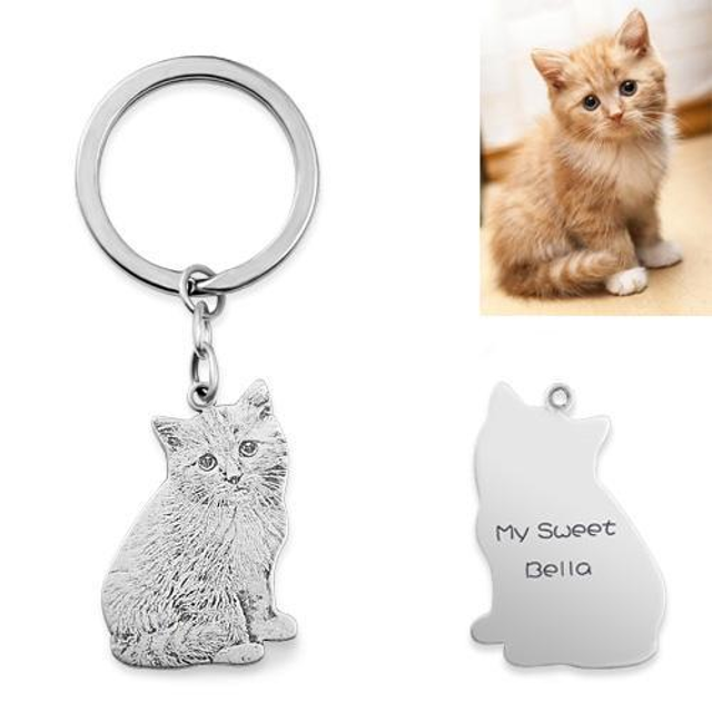 Picture of Engraved Pet Cat Photo Keychain in 925 Sterling Silver - Custom Photo Keychain - Engraved Key Chain - Pet Lover Gift Father's Day