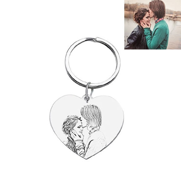 Picture of Personalized Heart Pendant Photo Keychain in 925 Sterling Silver - Custom Photo Keychain - Engraved Key Chain - Pet Lover Gift Father's Day