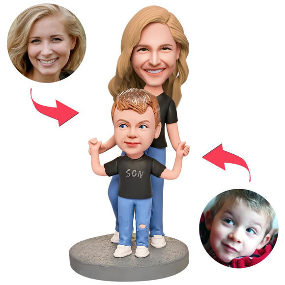 Picture of Custom Bobbleheads: Mother and Son in Black Shirts Bobbleheads | Personalized Bobbleheads for the Special Someone as a Unique Gift Idea｜Best Gift Idea for Birthday, Thanksgiving, Christmas etc.