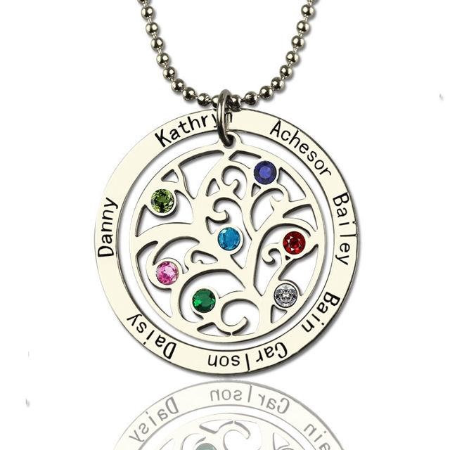 Picture of Personalized Circle Family Tree Birthstone 7 Names Necklace - Customize With Any Name or Birthstone | Custom Family Members Necklace 925 Sterling Silver