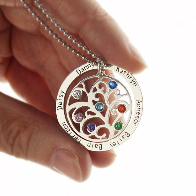 Picture of Personalized Circle Family Tree Birthstone 7 Names Necklace - Customize With Any Name or Birthstone | Custom Family Members Necklace 925 Sterling Silver