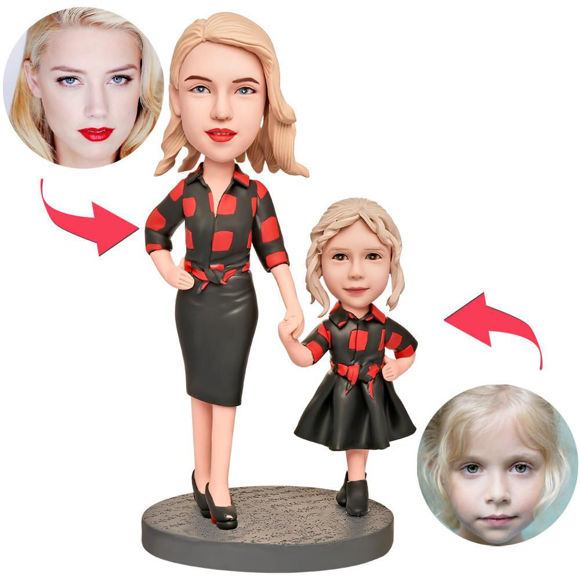 Picture of Custom Bobbleheads: Mothers Day Gift Mother and daughter in Plaid Bobbleheads | Personalized Bobbleheads for the Special Someone as a Unique Gift Idea｜Best Gift Idea for Birthday, Thanksgiving, Christmas etc.