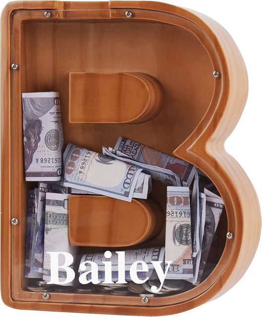 Picture of Custom Wooden Piggy Bank for Kids and Adults - Personalized Piggy Banks 26 Alphabet Letter B - Transparent Money Saving Box for Boys and Girls