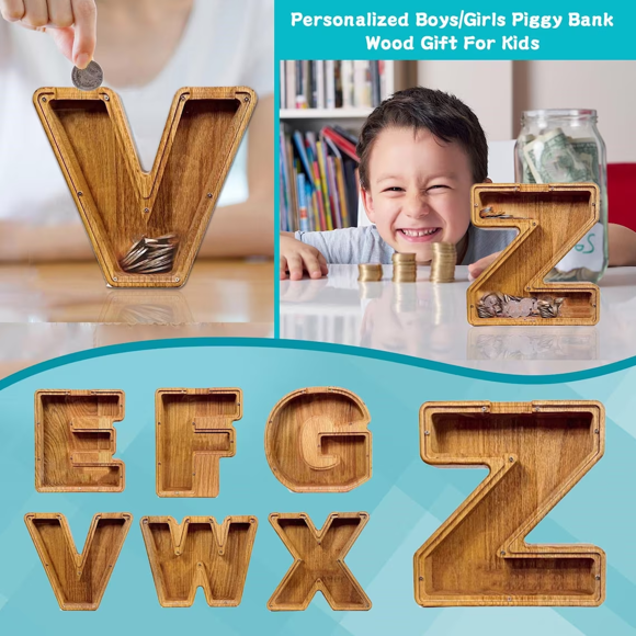Picture of Custom Wooden Piggy Bank for Kids and Adults - Personalized Piggy Banks 26 Alphabet Letter E - Transparent Money Saving Box for Boys and Girls