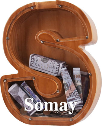 Picture of Custom Wooden Piggy Bank for Kids and Adults - Personalized Piggy Banks 26 Alphabet Letter S - Transparent Money Saving Box for Boys and Girls
