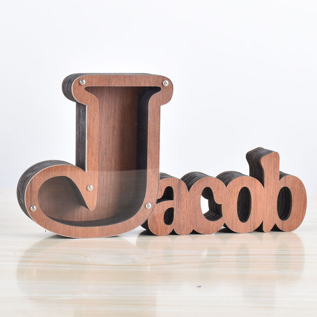 Picture of Custom Wooden Name Piggy Bank for Kids - Personalized Large Piggy Banks 26 Alphabet J - Transparent Money Saving Box - Gift for Boys and Girls