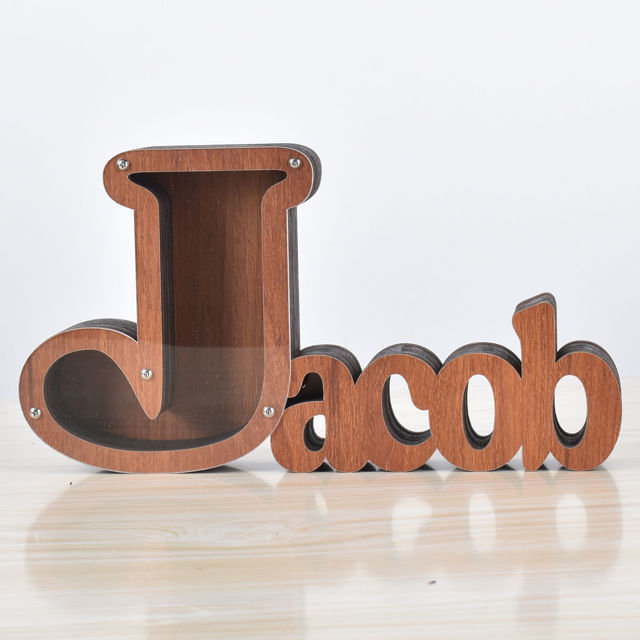 Picture of Custom Wooden Name Piggy Bank for Kids - Personalized Large Piggy Banks 26 Alphabet J - Transparent Money Saving Box - Gift for Boys and Girls