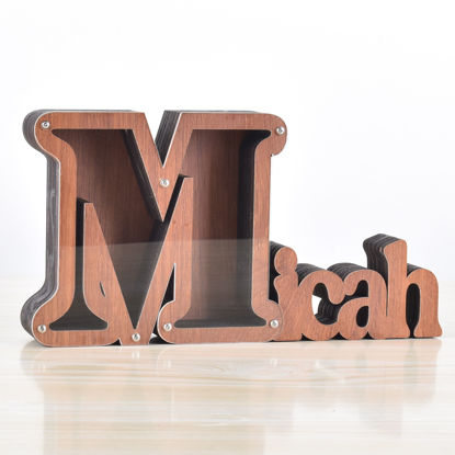 Picture of Custom Wooden Name Piggy Bank for Kids - Personalized Large Piggy Banks 26 Alphabet M - Transparent Money Saving Box - Gift for Boys and Girls
