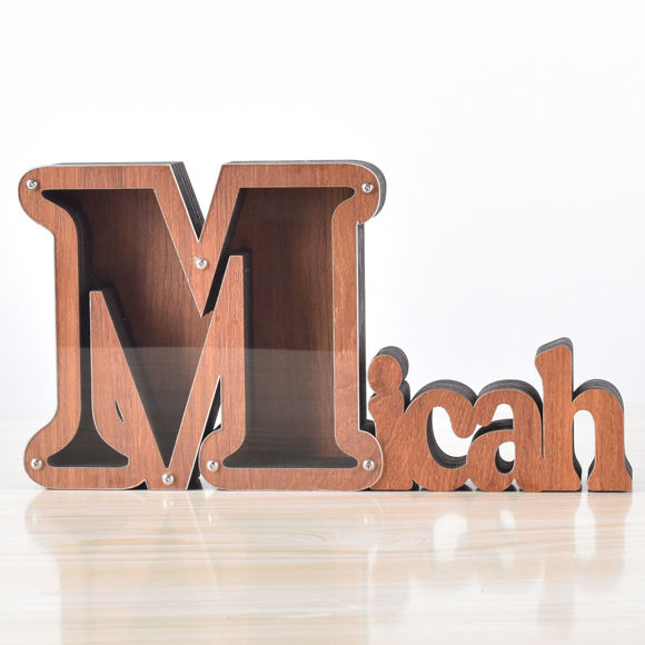 Picture of Custom Wooden Name Piggy Bank for Kids - Personalized Large Piggy Banks 26 Alphabet M - Transparent Money Saving Box - Gift for Boys and Girls
