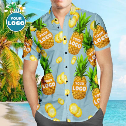 Picture of Custom Men's Hawaiian Shirts with Company Logo - Personalized Short Sleeve Button Down Hawaiian Shirt for Summer Beach Party -  Pineapple