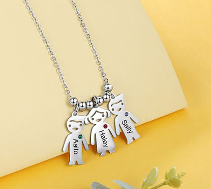 Picture of Personalized Mother's Necklace with Boy Girl Charms in 925 Sterling Silver - Customize With Family Name | Custom Family Necklace in 925 Sterling Silver