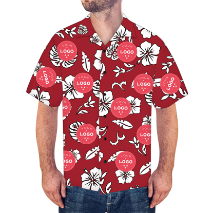 Picture of Custom Men's Hawaiian Shirts with Company Logo - Personalized Short Sleeve Button Down Hawaiian Shirt for Summer Beach Party -Red Pattern