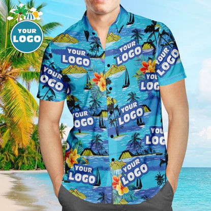 Picture of Custom Men's Hawaiian Shirts with Company Logo - Personalized Short Sleeve Button Down Hawaiian Shirt for Summer Beach Party - Blue Sea