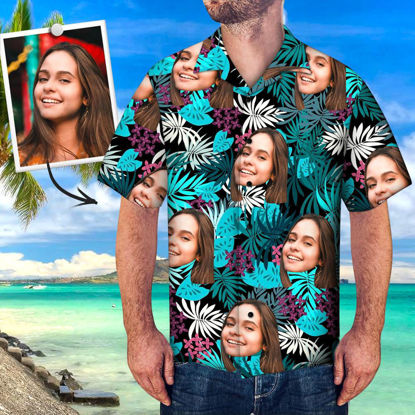 Picture of Custom Men's Hawaiian Shirts with Company Logo - Personalized Short Sleeve Button Down Hawaiian Shirt for Summer Beach Party - Leaves And Parrot