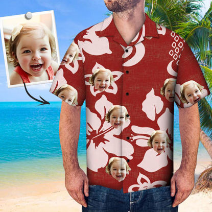 Picture of Custom Men's Hawaiian Shirts with Company Logo - Personalized Short Sleeve Button Down Hawaiian Shirt for Summer Beach Party - Red Color