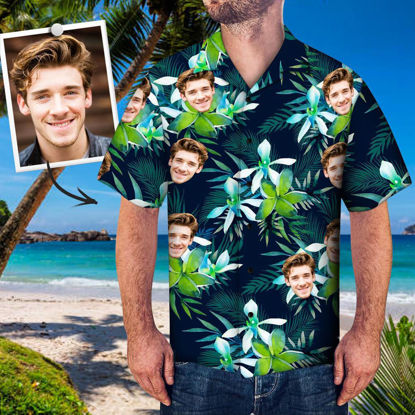 Picture of Custom Men's Hawaiian Shirts with Company Logo - Personalized Short Sleeve Button Down Hawaiian Shirt for Summer Beach Party - Blue Green Flower