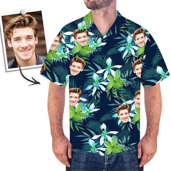 Picture of Custom Men's Hawaiian Shirts with Company Logo - Personalized Short Sleeve Button Down Hawaiian Shirt for Summer Beach Party - Blue Green Flower