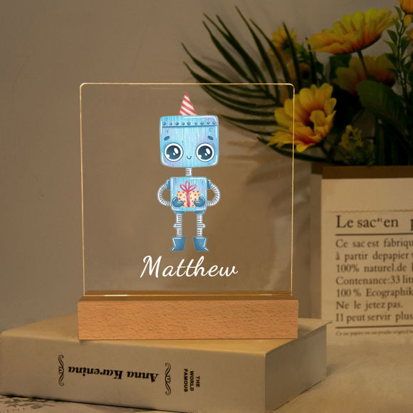 Picture of Blue Robot with Gift Box Night Light | Personalized It With Your Kid's Name | Best Gifts Idea for Birthday, Thanksgiving, Christmas etc.