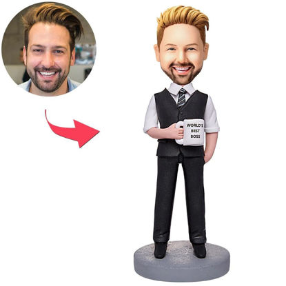 Picture of Custom Bobbleheads: World's Best Boss Businessman Holding A Water Glass | Personalized Bobbleheads for the Special Someone as a Unique Gift Idea｜Best Gift Idea for Birthday, Thanksgiving, Christmas etc.