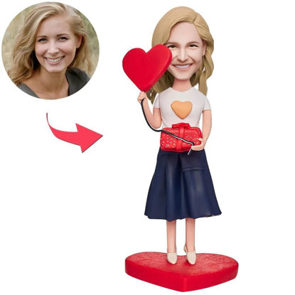 Picture of Custom Bobbleheads: Beautiful Girl Holding a Gift Box and a Love Heart | Personalized Bobbleheads for the Special Someone as a Unique Gift Idea｜Best Gift Idea for Birthday, Thanksgiving, Christmas etc.