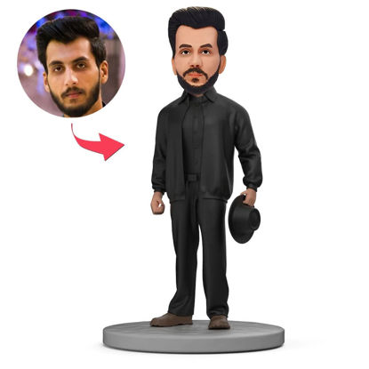 Picture of Custom Bobbleheads: Black Jacket Man With Bowler Hat | Personalized Bobbleheads for the Special Someone as a Unique Gift Idea｜Best Gift Idea for Birthday, Thanksgiving, Christmas etc.