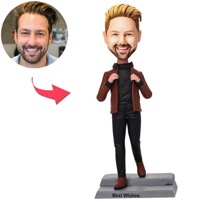Picture of Custom Bobbleheads: Casual Man In Brown Jacket | Personalized Bobbleheads for the Special Someone as a Unique Gift Idea｜Best Gift Idea for Birthday, Thanksgiving, Christmas etc.