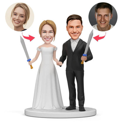 Picture of Custom Bobbleheads: Couples in Holding Sword Fighting | Personalized Bobbleheads for the Special Someone as a Unique Gift Idea｜Best Gift Idea for Birthday, Thanksgiving, Christmas etc.