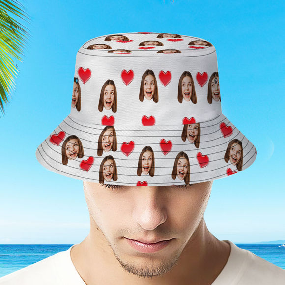 Picture of Custom Bucket Hat | Personalized Face All Over Print Tropical Flower Print Hawaiian Fisherman Hat | White Heart | Best Gifts Idea for Birthday, Thanksgiving, Christmas etc.