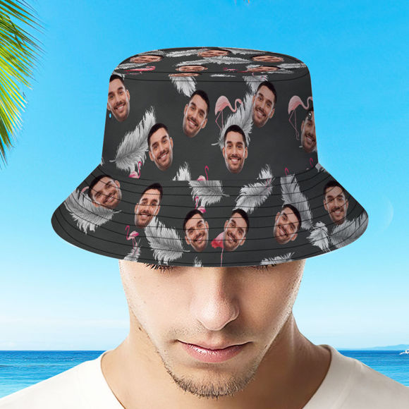 Picture of Custom Bucket Hat | Personalized Face All Over Print Tropical Flower Print Hawaiian Fisherman Hat | Black Flamingo | Best Gifts Idea for Birthday, Thanksgiving, Christmas etc.