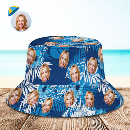 Picture of Custom Bucket Hat | Personalized Face All Over Print Tropical Flower Print Hawaiian Fisherman Hat | Blue Leaves | Best Gifts Idea for Birthday, Thanksgiving, Christmas etc.