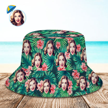 Picture of Custom Bucket Hat | Personalized Face All Over Print Tropical Flower Print Hawaiian Fisherman Hat | Red Flower | Best Gifts Idea for Birthday, Thanksgiving, Christmas etc.