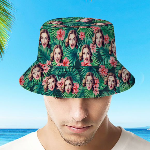 Picture of Custom Bucket Hat | Personalized Face All Over Print Tropical Flower Print Hawaiian Fisherman Hat | Red Flower | Best Gifts Idea for Birthday, Thanksgiving, Christmas etc.