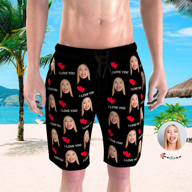 Picture of Custom Photo Face Men's Beach Pant - Personalized Face Copy with Text - Multi Faces Quick Dry Swim Trunk, for Father's Day Gift or Boyfriend