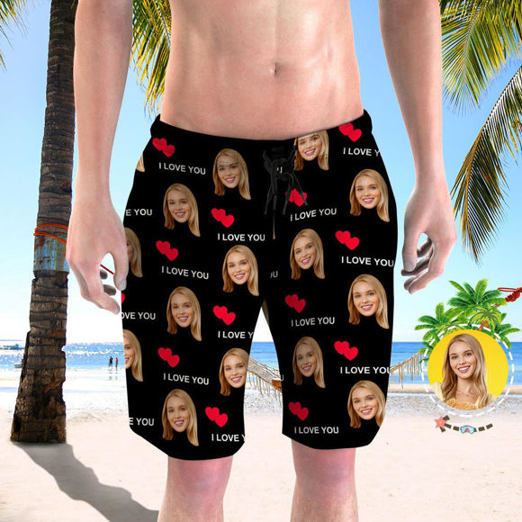 Picture of Custom Photo Face Men's Beach Pant - Personalized Face Copy with Text - Multi Faces Quick Dry Swim Trunk, for Father's Day Gift or Boyfriend