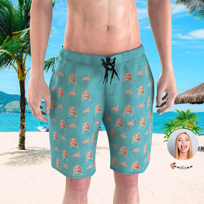 Picture of Custom Photo Face Men's Beach Pants - Personalized Face with Flamingo - Multi Faces Quick Dry Swim Trunk, for Father's Day Gift or Boyfriend