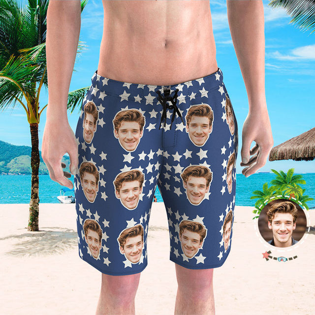 Picture of Custom Photo Face Men's Beach Pants - Personalized Face with Small Stars - Multi Faces Quick Dry Swim Trunk - Father's Day Gift or Boyfriend