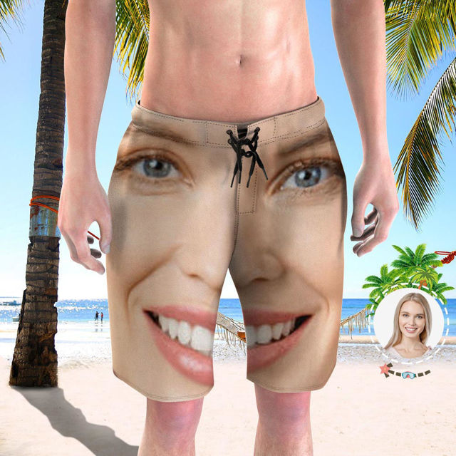 Picture of Custom Photo Beach Short for Men - Personalized Face Photo with Big Head - Customized Quick Dry Swimming Trunk as Best Gift for Father or Boyfriend