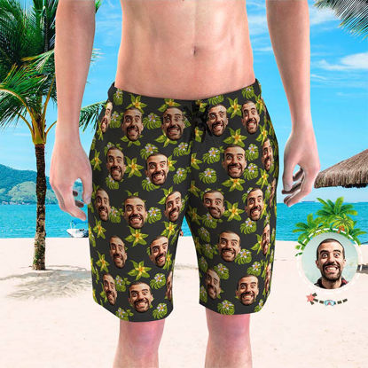 Picture of Custom Photo Face Men's Beach Pants - Personalized Face Copy with Yellow Flower - Men's Quick Dry Swim Trunk, for Father's Day Gift or Boyfriend