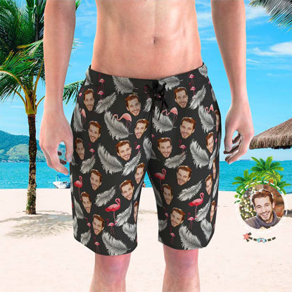 Picture of Custom Photo Face Men's Beach Pants - Personalized Face Copy with Black Flamingo - Men's Quick Dry Swim Trunk, for Father's Day Gift or Boyfriend