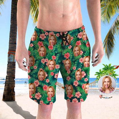 Picture of Custom Photo Face Men's Beach Pants - Personalized Face Copy with Red Flower - Men's Quick Dry Swim Trunk, for Father's Day Gift or Boyfriend