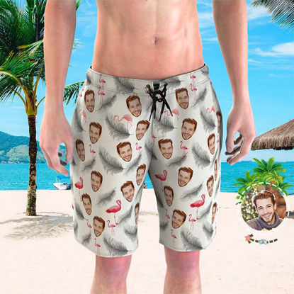 Picture of Custom Photo Face Men's Beach Pants - Personalized Face Copy with White Flamingo - Men's Quick Dry Swim Trunk, for Father's Day Gift or Boyfriend