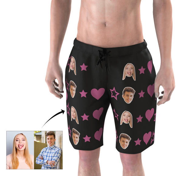 Picture of Custom Photo Face Men's Beach Pants - Personalized Face Copy with Heart & Star - Men's Quick Dry Swim Trunk, for Father's Day Gift or Boyfriend