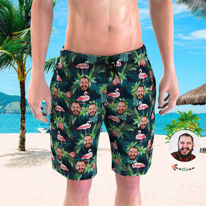 Picture of Custom Photo Face Men's Beach Pants - Personalized Face Copy with Green Leaves - Men's Quick Dry Swim Trunk, for Father's Day Gift or Boyfriend