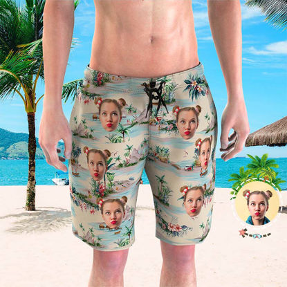 Picture of Custom Photo Face Men's Beach Pants - Personalized Face Copy with White Beach - Men's Quick Dry Swim Trunk, for Father's Day Gift or Boyfriend