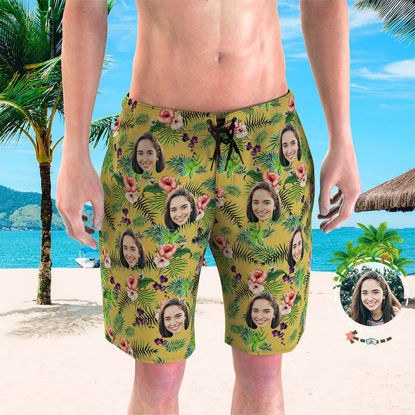 Picture of Custom Photo Face Men's Beach Pants - Personalized Face Copy with Yellow Leaves - Men's Quick Dry Swim Trunk, for Father's Day Gift or Boyfriend