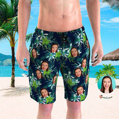 Picture of Custom Photo Face Men's Beach Pants - Personalized Face Copy with White Flower - Men's Quick Dry Swim Trunk, for Father's Day Gift or Boyfriend