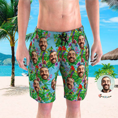 Picture of Custom Photo Face Men's Beach Pants - Personalized Face Copy with Colorful Flower - Men's Quick Dry Swim Trunk, for Father's Day Gift or Boyfriend