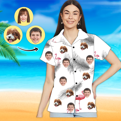 Picture of Custom Photo Face Hawaiian Shirt - Custom Photo Short Sleeve Button Down Hawaiian Shirt - Best Gifts for Women - White Flamingo T-Shirts as Holiday Gift