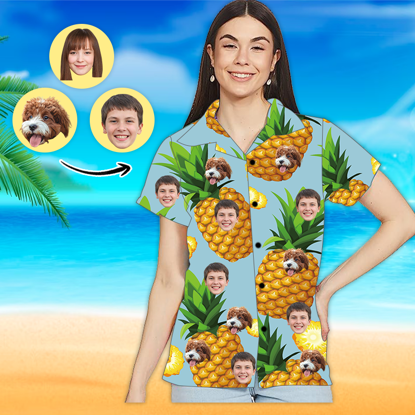 Picture of Custom Photo Face Hawaiian Shirt - Custom Photo Short Sleeve Button Down Hawaiian Shirt - Best Gifts for Women - Pineapple T-Shirts as Holiday Gift