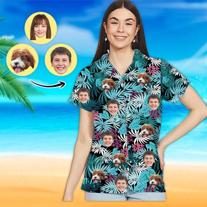 Picture of Custom Photo Face Hawaiian Shirt - Custom Photo Short Sleeve Button Down Hawaiian Shirt - Best Gifts for Women -  Colorful Summer Leaves T-Shirts as Holiday Gift